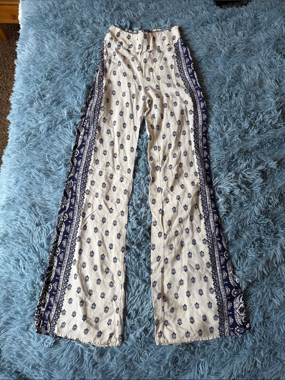 Boho Cream & Navy Wide-Leg Printed Palazzo Pants Karen Brooks